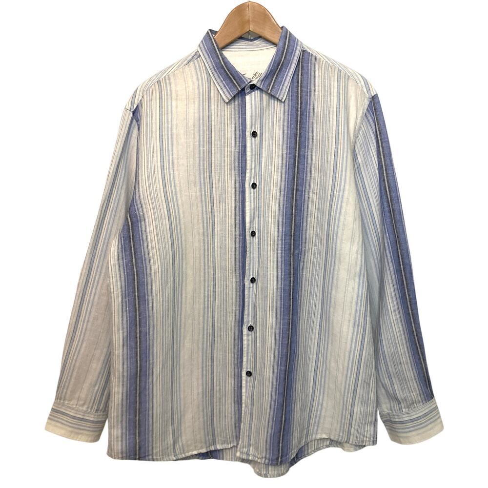 Tasso Elba Linen Cotton Blue White Striped Long Sleeve Button Dress Shirt Large